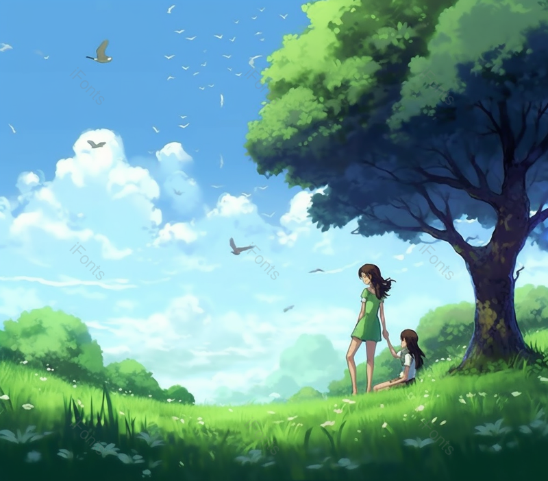 绿色手绘小清新榕树下女孩设计背景,插画/手绘图,插画/手绘图库,插画/手绘图下载,插画/手绘